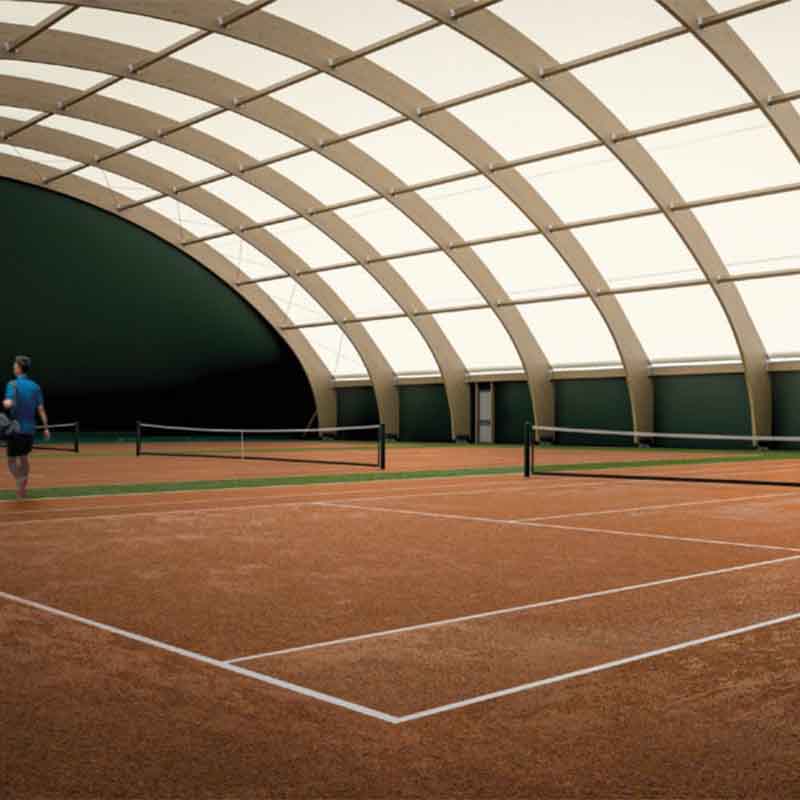 Coperture per campi da tennis ad arco in legno lamellare e PVC